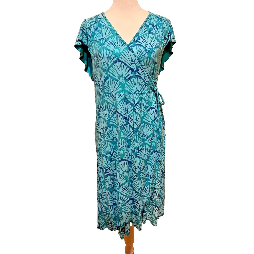 Fresh Produce Faux Wrap Dress Size L USA Made Rayon Blend Teal Geometric Print